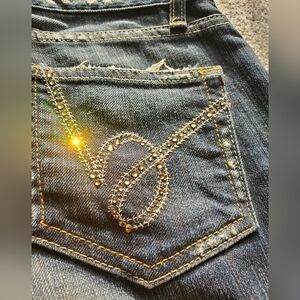 Bebe Flare Leg Crystal Logo Embroderied 5pkt Denim Jeans Sz US 26